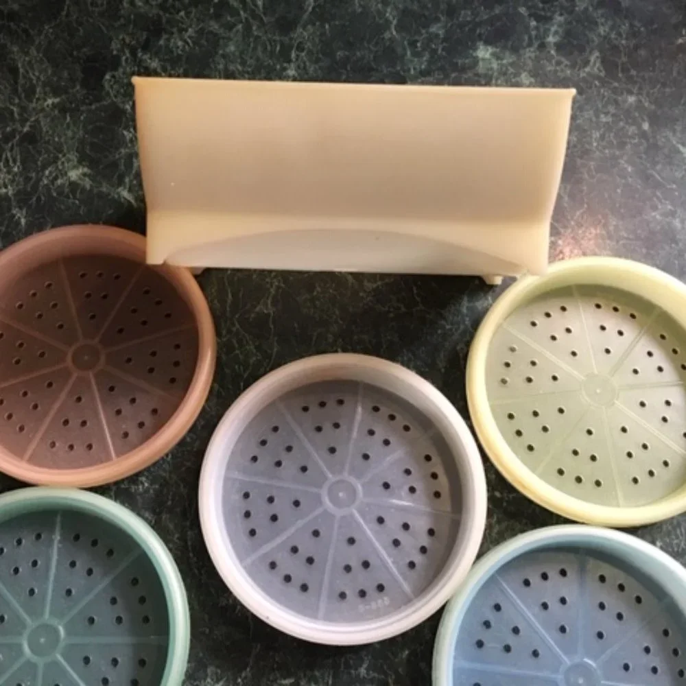 VTG 70's Pastel Plastic Tupperware Drink Coasters Set of 6 w/Cradle
